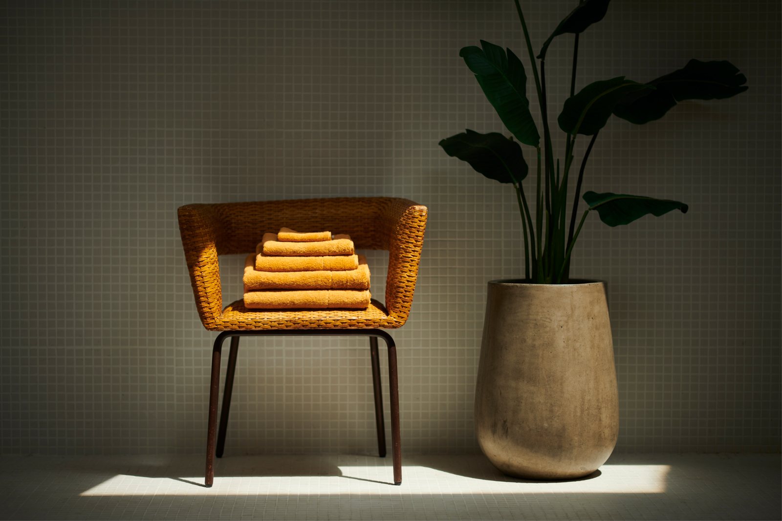 Stacked towels on a woven chair beside a potted plant